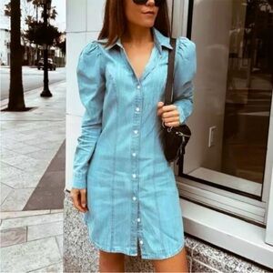 Express Denim Puff Sleeve western Button Front Mini Shirt Dress NWT